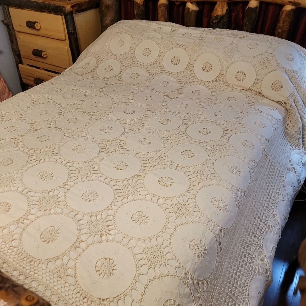 Antique Vintage Hand Crochet Lace King Size Duvet Cover Off-white Cream